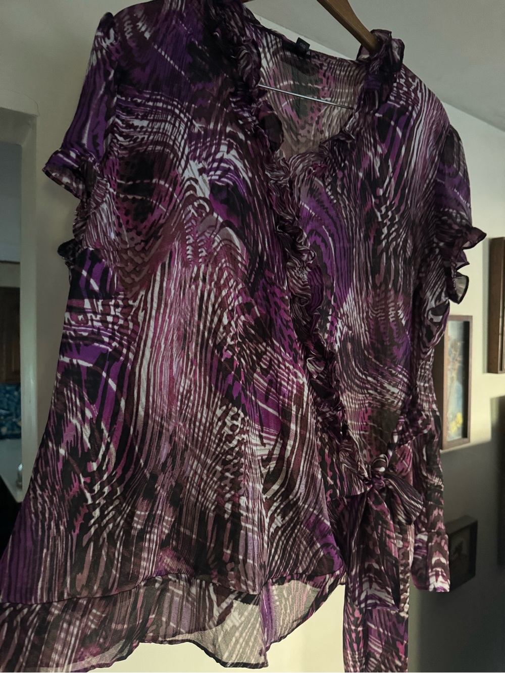 East 5th Purple Patterned Ruffle Wrap Blouse
